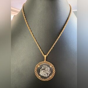 Crown Trifari Gold Lion Medallion Necklace with Rope Chain